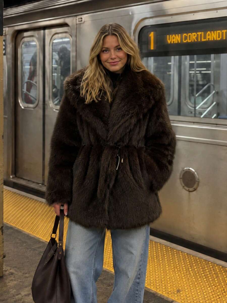 Lapel Tie Faux Fur Mid-Length Coat - Brown - View 1