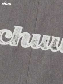 CHUU Letter Print Loose Fit Frill Trim Long Sleeve Casual Blazer Short Jacket For Women, Autumn - Grey - View 8
