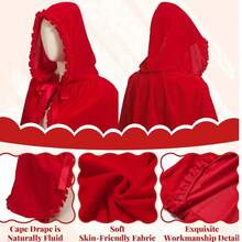 Little Red Riding Hood Cape Women,Short Hood Cape,Halloween Christmas Cloak Costume - Red - View 4