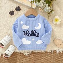 Infant Knitted Embroidered Crew Neck Pullover Sweater, Unisex Baby Comfortable Soft Versatile Outdoor Wear Knit Cardigan Long Sleeve Top - Blue - View 8