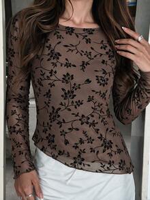Women's Knitted Printed Long Sleeve Top - Brown - View 1