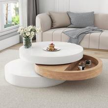 N625P300077W Cylindrical Coffee Table, 360° Rotating Top Surface, Rotating Living Room Table, Three-Tier Sofa Table, 3 Storage Surfaces, Recommended Total Load Capacity 30 Kg, Willow Wood With Storage Space - White + Natural - View 4