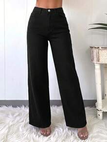 Elegant & Casual Women's Wide Leg Jeans, Denim Fabric, Solid Color Washed, Full Length, Medium Stretch Black Fall - Black - View 4