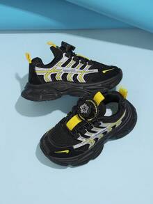 Children's Black & Yellow Colorblock Mesh Rotating Buckle Sports Shoes, Casual Style, Suitable For Spring/Autumn School And Outdoor Walking - Black - View 7