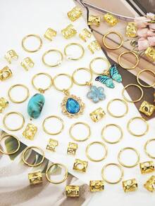56pcs Fresh Ocean Breeze Hair Rings With Blue Butterfly, Camellia, Rhinestone & Bead Hair Jewelry For Women's Braid - Gold - View 4