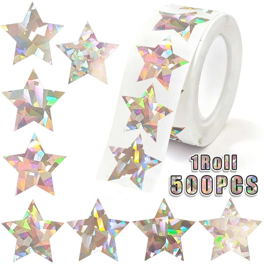 500pcs Holographic Star Stickers, Shiny Star Stickers, Holographic Stickers Suitable For Teachers, Parents, School, Learning, Training, Self-Adhesive Labels, Kids Party, Birthday, Incentive, Encouragement, Gift, Decoration, Stationery Stickers - Cartoon - View 1