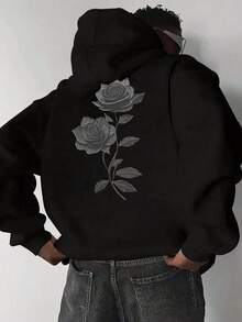 Áo nỉ hoodie nam mùa thu/đông phong cách thường ngày đa năng thời trang, họa tiết hoa hồng, túi kangaroo, dây rút - màu đen - Xem 1