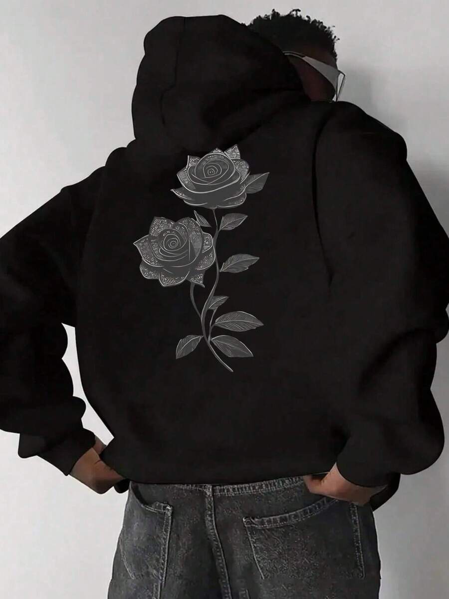 Áo nỉ hoodie nam mùa thu/đông phong cách thường ngày đa năng thời trang, họa tiết hoa hồng, túi kangaroo, dây rút - màu đen - Xem 1