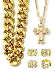 2pcs/Set Cross Pendant Hip Hop Punk Necklace Exaggerated Men's Big Gold Chain Set, Vintage Punk Style, Suitable For Party, Halloween, COS - Gold - View 10