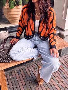 Butterfly Shawl Knit Cardigan, Colorblock Crochet Design, Loose Batwing Sleeves, Spring/Autumn Vibe Sweater Fall - Orange - View 8