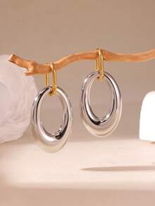 GEREIT 2pcs 18k Gold Plated Stainless Steel Dual-Tone Hollow Oval Open Hoop Earrings - Multicolor 1 - View 1