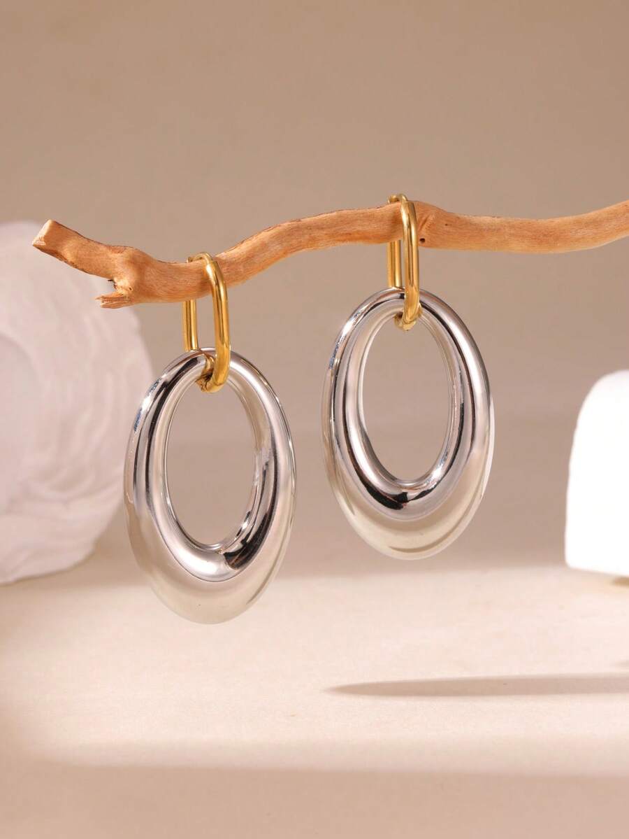 GEREIT 2pcs 18k Gold Plated Stainless Steel Dual-Tone Hollow Oval Open Hoop Earrings - Multicolor 1 - View 1