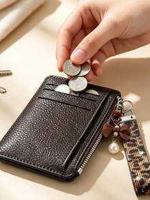 Slim Pu Leather Card Holder Wallet,Multi Card Slots Coin Purse With Rhinestone Wristlet Strap Bow Pendant Keychain, Portable Id Card Case Daily Use - Multicolor - View 10