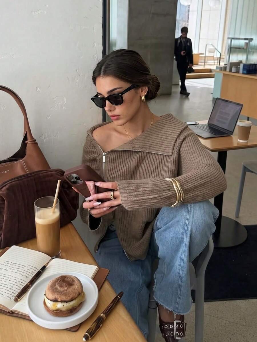 Áo cardigan len gân Senya 2026 cho nữ, màu nâu mocha, khóa kéo toàn thân, cổ áo tạo điểm nhấn, tay dài dáng rộng, phong cách thanh lịch cho mùa thu đông - Màu Khaki - Xem 1