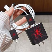 4pcs 2D Flat Design Spider Web Pattern Phone Charger Protector Set, Charger Head Cover + Cable Protector + Storage Rope, Compatible With IPhone 20W/18W Charger - Multicolor - View 4