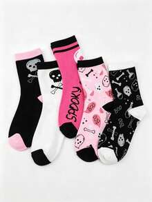 1/5 Pairs Halloween 5 Styles Skull Black White Pink Colorblock Fun Mid-Calf Socks Couple Socks - Multicolor - View 6