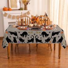1pc Halloween Black Cat & Spider Web Print Rectangular Tablecloth, Suitable For Holiday, Party, Birthday, Dinner, Restaurant Table Decor, Autumn/Winter Home Decoration - Multicolor - View 4