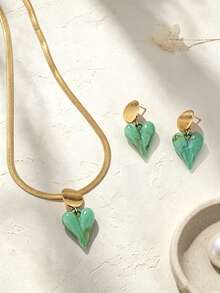 1 Set Vacation Style Colorblock Resin Heart Geometric Snake Chain Necklace & Earrings Set, Suitable For Women's Daily Wear - Green - View 7