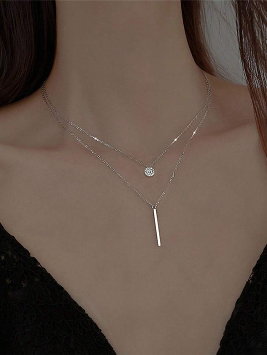 1pc Personalized Fashion Creative Double Layer Rhinestone Round Disc Long Tassel Pendant Necklace For Women - Antique Silver - View 1