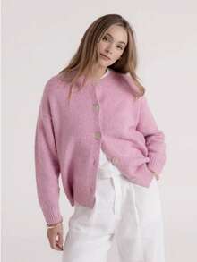 Women's Light Pink Knit Cardigan, Long Sleeve Regular Fit Winter Sweater, Slight Stretch - Pink - View 5