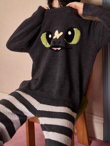 Gongdie Universal 2pcs/Set Toothless Men's Couple Fleece Pajama Set, Winter Gray Striped Thickened Loungewear With Pockets - Grey - View 6