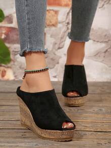 New Thick Sole Wedge High Heel Pumps Women's Sandals Platform Wood Grain Sole Open Toe Closed Back Shoes - Black - View 6