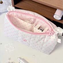 1pc Cute Lace Pink Plaid Polka Dot Pencil Case (No Pendant Single Pencil Case), Bow And Heart Decoration, Single Zipper Large Capacity Stationery Storage Bag, Makeup Bag, Suitable For Teenagers Daily School Supplies And Back To School, Birthday, Halloween, Christmas Gifts - Multicolor - View 6