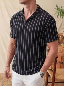 glestore Kemeja Polo Bergaris Gaya Retro Pria "Gaya Klasik" - Pakaian Kasual untuk Liburan, Fesyen untuk Perjalanan, Gaya Serbaguna - Hitam - View 3