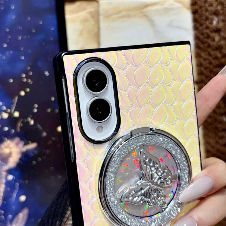 1pc Girls Laser Leather Texture Holographic Butterfly Kickstand Foldable Phone Case, Multi-Color Options, Protective Cover, Phone Case, Foldable Phone Case, Protective Cover, Smart Phone Case, Fashion Phone Cover, Phone Case, Suitable For Galaxy Protective Shell, Compatible With Galaxy Z Fold8 - Multicolor - View 10