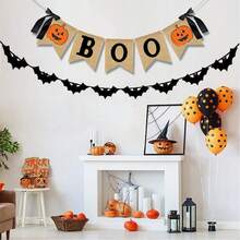 1set Of Halloween Linen Decorative Banners Featuring "BOO" And Pumpkin Designs-Perfect For Halloween Decor, Party Setups, Festive Displays, And Creating A Holiday Atmosphere. Ideal For Halloween Decorations, Home Styling, And Themed Parties. - Multicolor - View 7