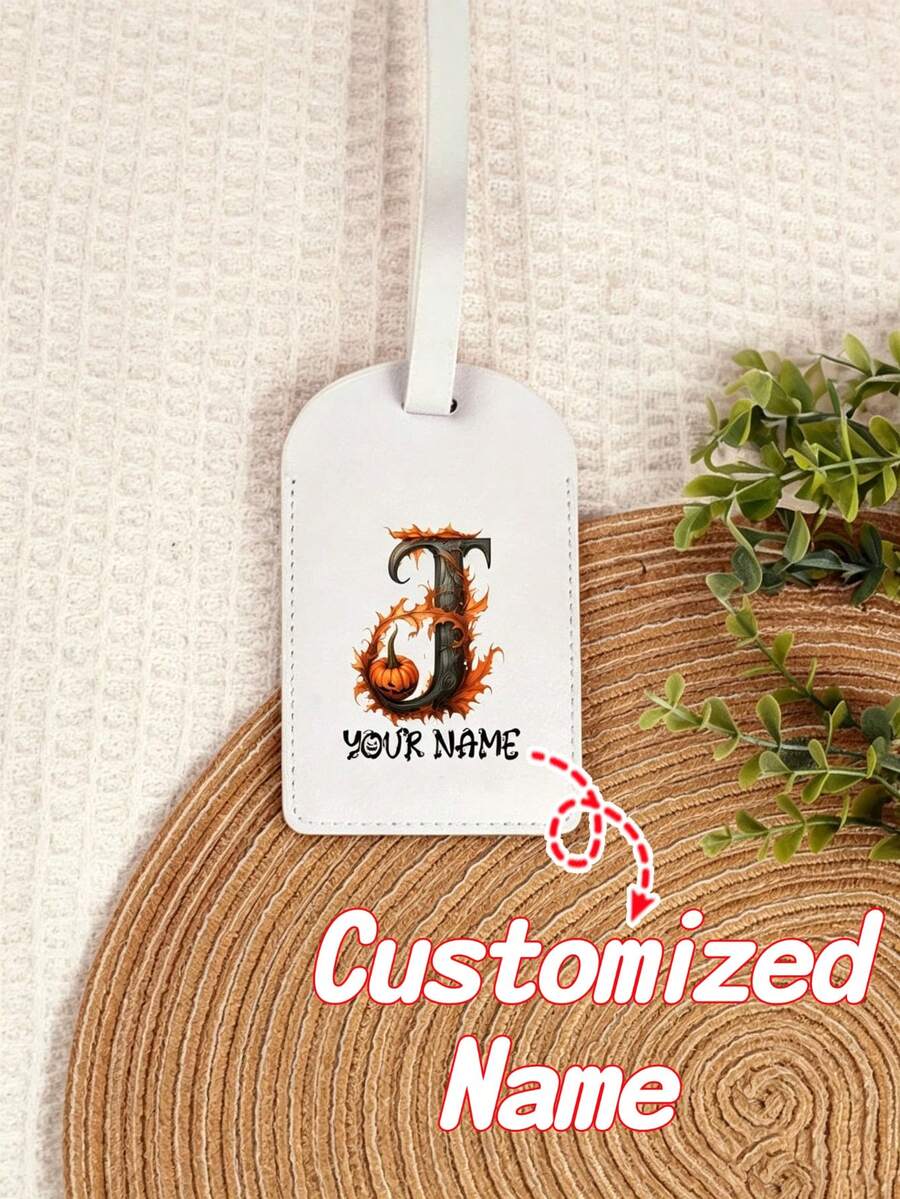 Custom Name Halloween Pumpkin Initial Luggage Tag, PU Leather Personalized Suitcase Label, Travel Accessory Halloween Christmas Gift - White - View 1