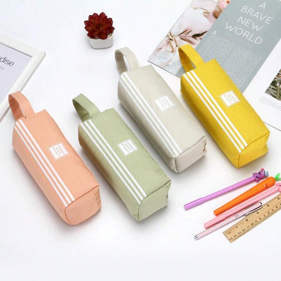1 pièce Trousse à crayons en tissu Oxford de couleur unie avec double fermeture éclair, grande capacité, créative, simple, portable, logo personnalisé, trousse à crayons de papeterie pour garçons, filles, étudiants, école, rentrée scolaire, esthétique Ins - 1 pièce - Voir 1