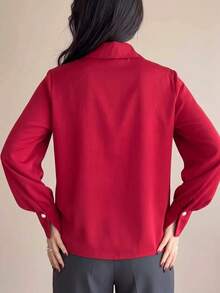 Women's New INS Style Solid Color V-Neck Hollow Out Elegant Mature Office Commute Travel Vacation Shopping Photo-Ready Design Blouse - Red - View 7