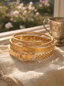 Camhanno Women's 3-Piece Gold Bracelet Set, Roman Numeral Belt Buckle, Zirconia Twisted Rope Stackable Bracelets, Fashion Daily Wrist Jewelry Accessories - Multicolor - View 2