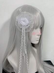 1件白色蕾絲髮箍配粉色蝴蝶結與緞帶，蘿莉塔風時尚 Cosplay 女款髮飾 - 白色 - 查看 3