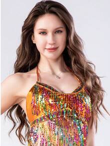 Sequin Fringe Top, Belly Dance Costume, Sequin Backless Singer Street Style Bar Outfit - Multicolor - View 10