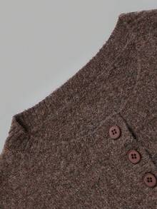 Nicenter Women's Fall Winter Casual Vintage Round Neck Henley Partial Button Placket Long Sleeve Wool Blend Sweater, Cozy Simple For Office Daily Home Date - Coffee Brown - View 6