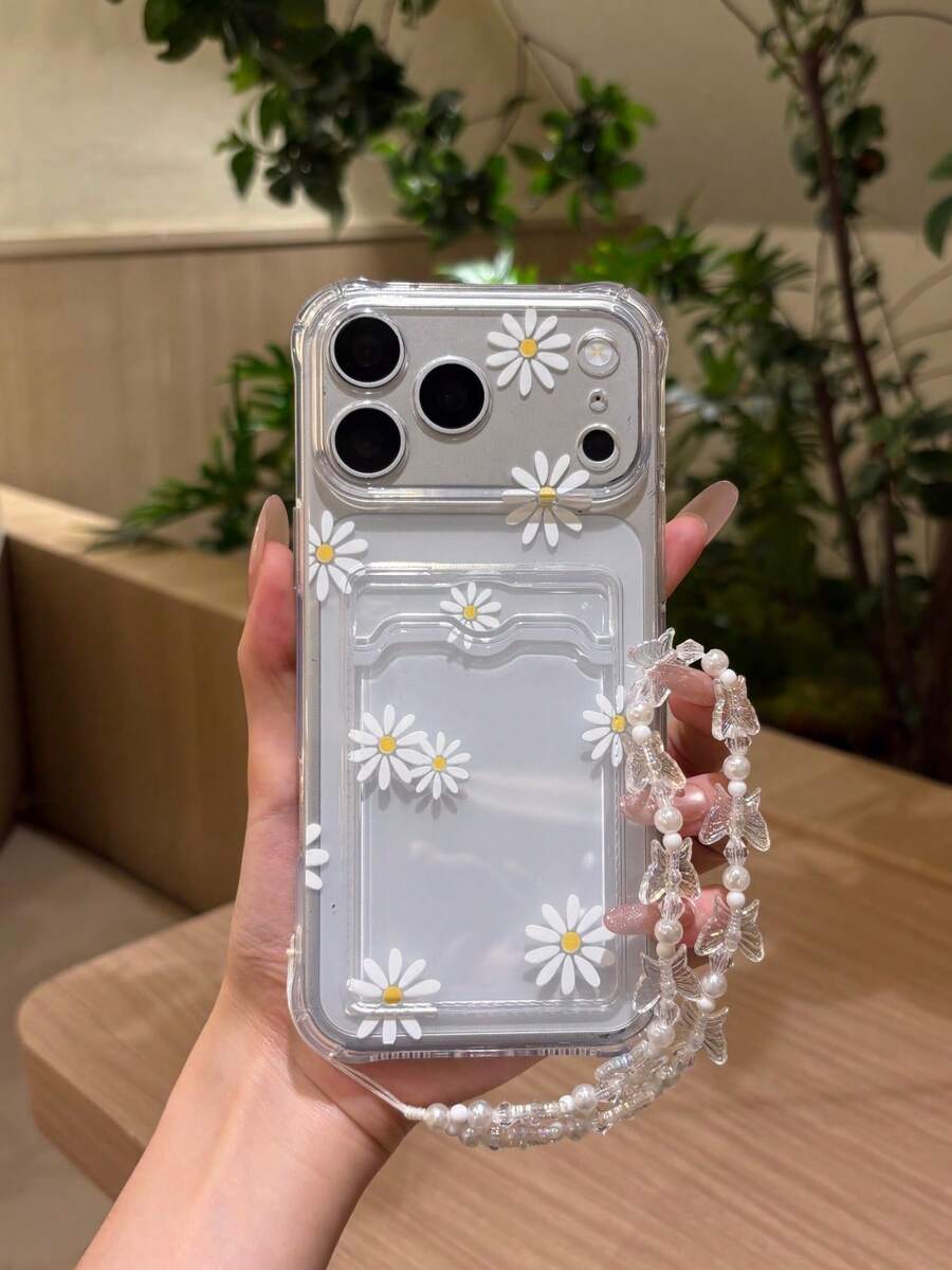1 buah Casing Ponsel TPU Transparan Motif Bunga Daisy Segar dengan Gantungan Kartu dan Manik-manik Kupu-kupu, Pelindung Anti Jatuh, Gaya Hadiah Manis untuk Gadis, Kompatibel dengan Apple 17 Pro Max, Apple 15 Pro Max, A16, A15, A17, A56 5G
