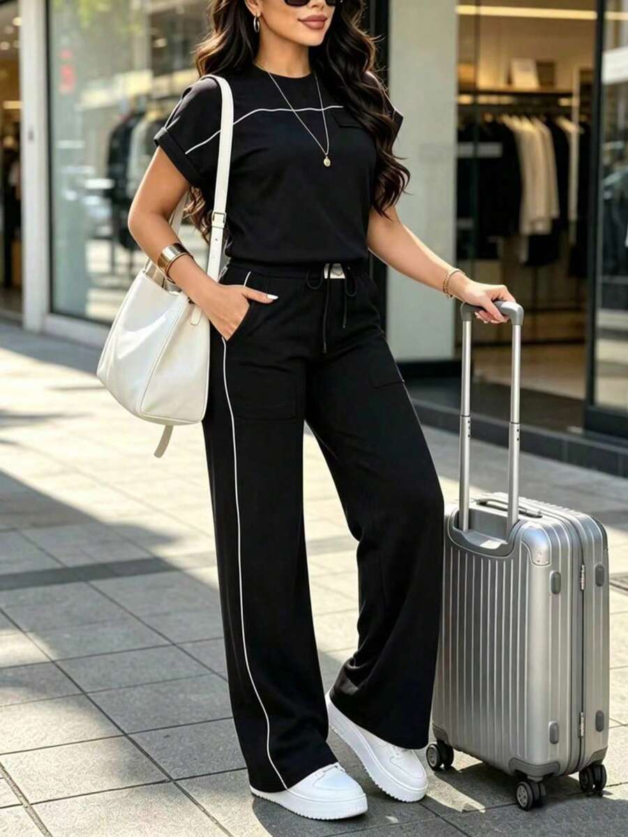 女款春夏秋新款純色極簡圓領短袖上衣與高腰直筒長褲兩件套 優雅黑色 - 黑色 - 查看 1