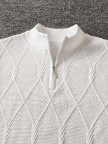 Boys' College Style Solid Color Argyle Pattern Stand Collar Half-Zip Knit Cardigan, Suitable For Casual Daily Wear In Spring, Autumn, Winter - White - View 5