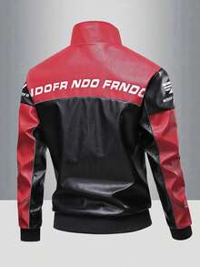 Men's Colorblock Racing Leather Jacket With Stand Collar, Zipper, Letter Print, Hip-Hop Street Style Motorcycle Riding Coat, Suitable For Spring And Autumn Wear - Red - View 5