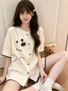 2pcs Women's Pajama Set, Cute Animal Print Sweetheart Collar Cardigan, Simple Short Sleeve Shorts, Easy Care Fabric - Champagne - View 10