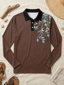 Men's Vintage Brown Ink Bamboo Print Casual Long Sleeve Polo Shirt - Multicolor - View 4