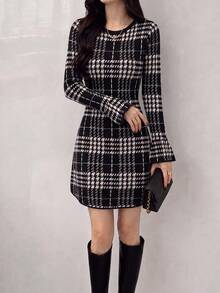 Gaun Sweater Pendek Rajut Kotak-kotak Terbaru untuk Wanita, Lengan Panjang, Potongan Ramping, Cocok untuk Dipakai di Musim Gugur/Musim Dingin - Hitam - View 5