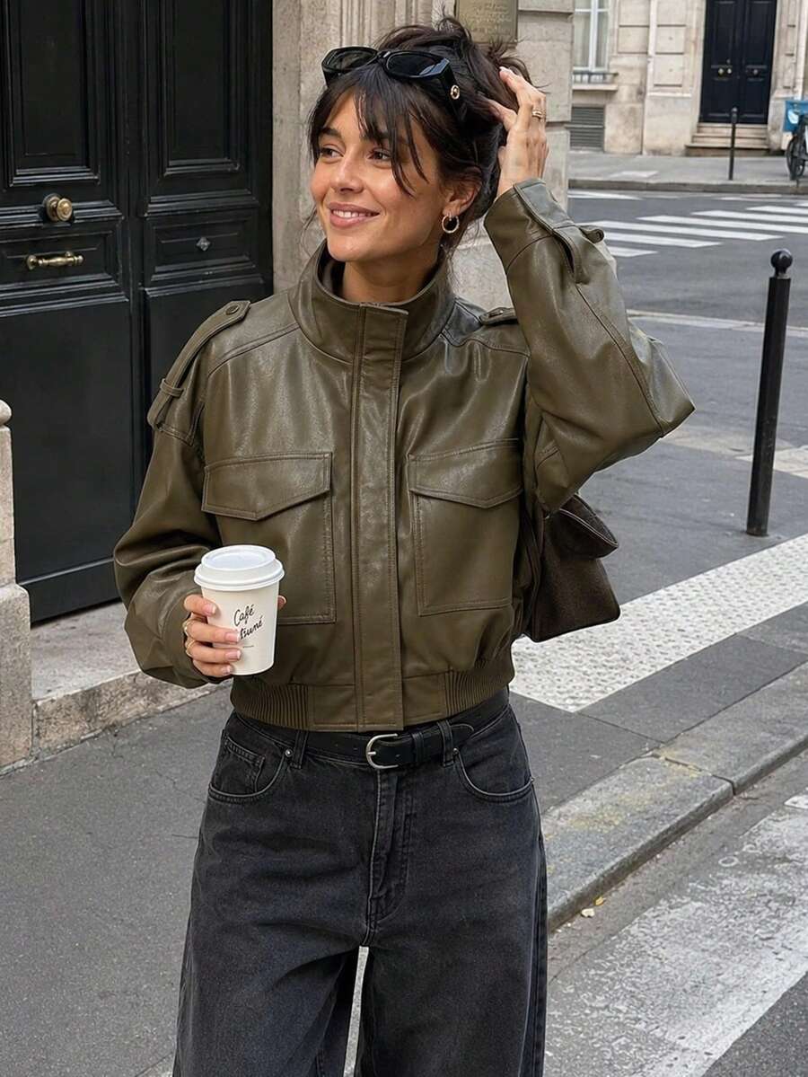 Women's PU Leather Jacket, Suitable For Autumn/Winter, Short Zip-Up Bomber Jacket, Long Sleeve Top, Women's Cropped Street Style Jacket Fall - Dark Green - View 1