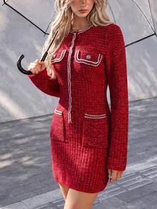 Women's Red Knitted Mini Sweater Dress With Pockets, Long Sleeve Pencil Skirt Design, Fashionable Winter Slim Fit Style - Red - View 3