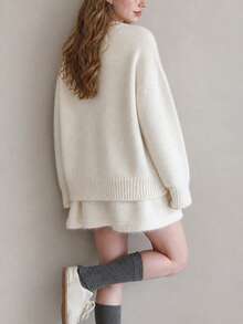 Women's New Comfortable Cream-Colored Knitted Sweater And Skirt Set, Decorated With Bows, Perfect For Winter Home Leisure Wear - White - View 2