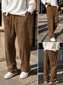 Men's Casual Faux Suede Wide-Leg Drawstring Pants, Loose Fit Elastic Waist Straight-Leg Trousers For Fall & Winter - Brown - View 2