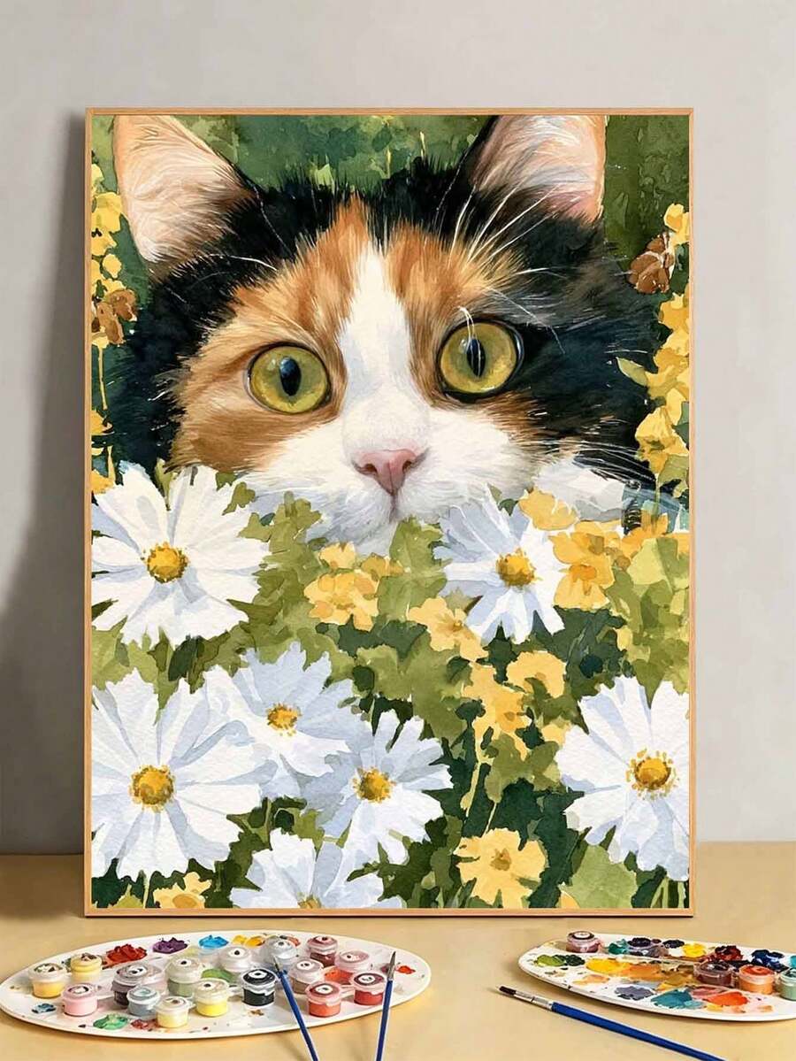DIY Calico Cat In Daisy Garden (Frameless 8x12 / 16x20 Inches) Paint By Numbers Kit(Acrylic) Arts & Crafts For Adult Beginners, Home Wall Decor, And Holiday Gifts For Cat Lovers And Creative Souls - Sets - View 1