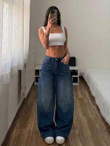 Pantalones Anchos Largos Curvos de Cintura Media para Mujer, Mezclilla Lavada, Diseños con Pedrería y Bolsillos Cargo, Estilo Chica Urbana - Azul oscuro - Ver 2